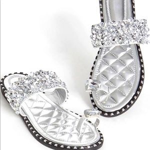 Rhinestone Sequin Studded Toe Ring Flat Sandals